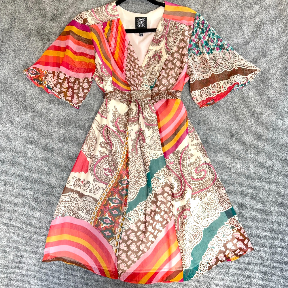 JAX Silk Dress Size 2 Multicolor Patchwork Paisley Boho Fit and Flare Tie Waist